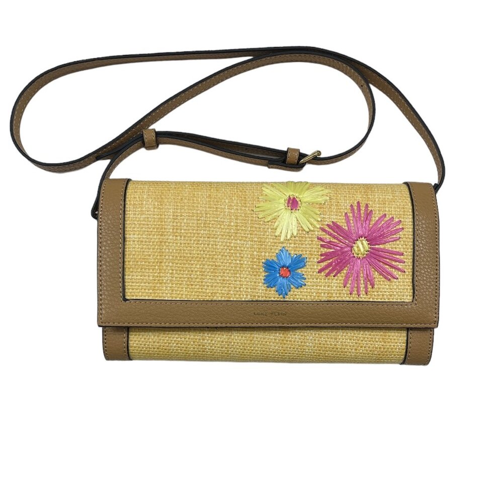 Anne Klein - Brown Leather & Tan Straw Crossbody with Flower Details - NWOT